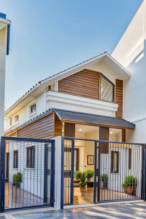 , The house is made from white walls and some walls are painted bright blue)), beautyful light, beautyfulday, sunny, Many grass bougainvilleas along the road:1.3, lovely youthful feeling :1.2, sunlight at 12 noon, Very beautiful shadows