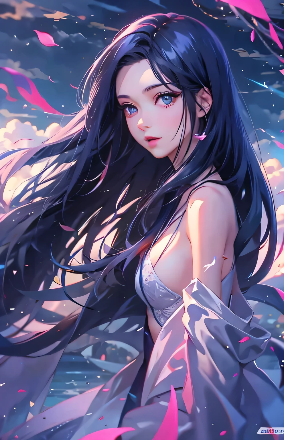 ((highest quality)), ((masterpiece)), (Get used to it), Perfect Face , Adult female , Ariel ,  Long and beautiful black hair , Beautiful purple eyes , in the beautiful sea ,