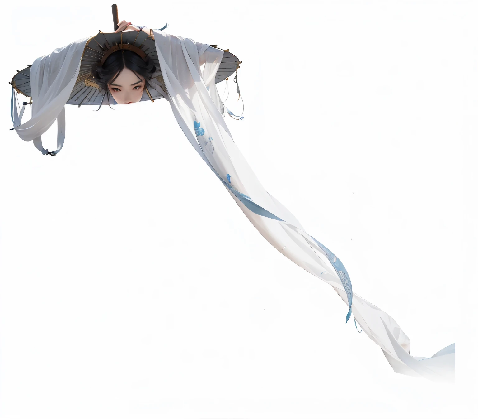 there is a woman that is holding an umbrella over her head, guweiz, artwork in the style of guweiz, guweiz on pixiv artstation, guweiz masterpiece, inspired by Leng Mei, palace , a girl in hanfu, guweiz on artstation pixiv, trending on cgstation, flowing white robes
