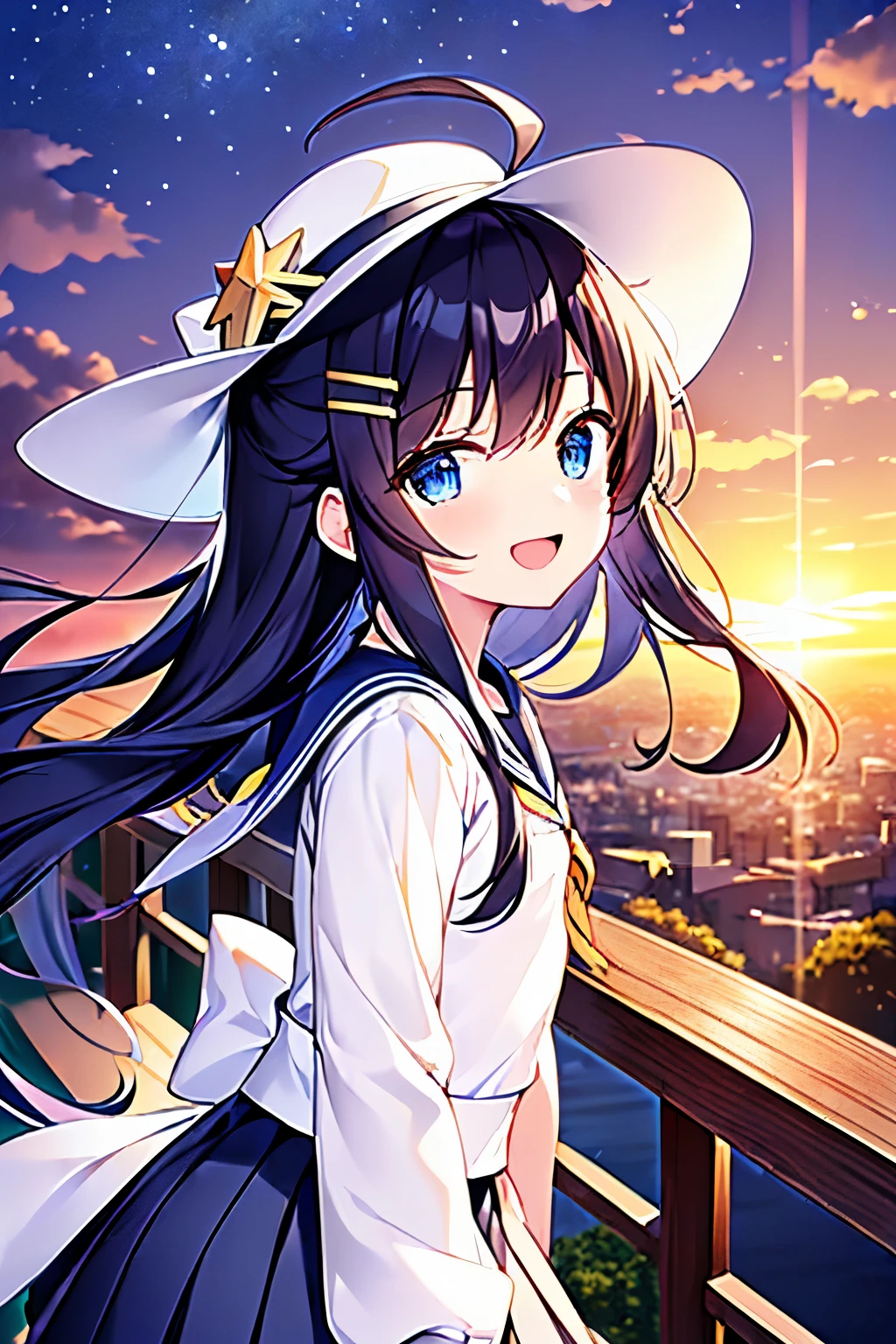 (((masterpiece))) (((highest quality))), (((beautiful))), (((8k))), (((High resolution))), (((Transcendent Technique Illustration))), (1 girl:1.3), (child:1.5), (Lori:1.2), (Dark blue straight long hair:1.3), (very long, Dark blue sideburns), (Very wide parted dark blue bangs:1.3), (Simple hair clip:1.4), (Ahoge:1.4), (small blue eyes:1.2), (Slightly droopy eyes:1.3), (Super thick sideburns and super long sideburns:1.1), (Ultra-flat chest:1.4), (Very small breasts:1.4), (laughing:1.3), (White sailor suit with long sleeves:1.3), (White pleated skirt:1.3), White hat with blue ribbon, (Overlooking from the top of the hill:1.4), (Sunset:1.4), (distant cityscape:1.4), (Cowboy Shot:1.4), (low angle shot:1.4)