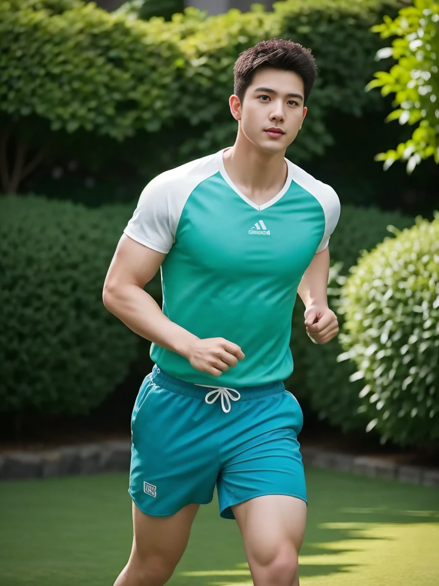 Firefighter in his 20s，Full chest muscles，Has short black hair， blue eyes，Sexy and charming expression，Wear green training clothes、Blue shorts, 大包Convex显，Convex，High resolution, masterpiece, Best quality, head:1.3,((Hasselblad Photo)), Delicate skin, Be focused, (Movie Lighting), at night, Soft lighting, Dynamic angle, [:(Delicate face:1.2):0.2],(((exercise))), sports, Arm muscles are very big, Hands in crotch.background garden，Ink flowers everywhere
