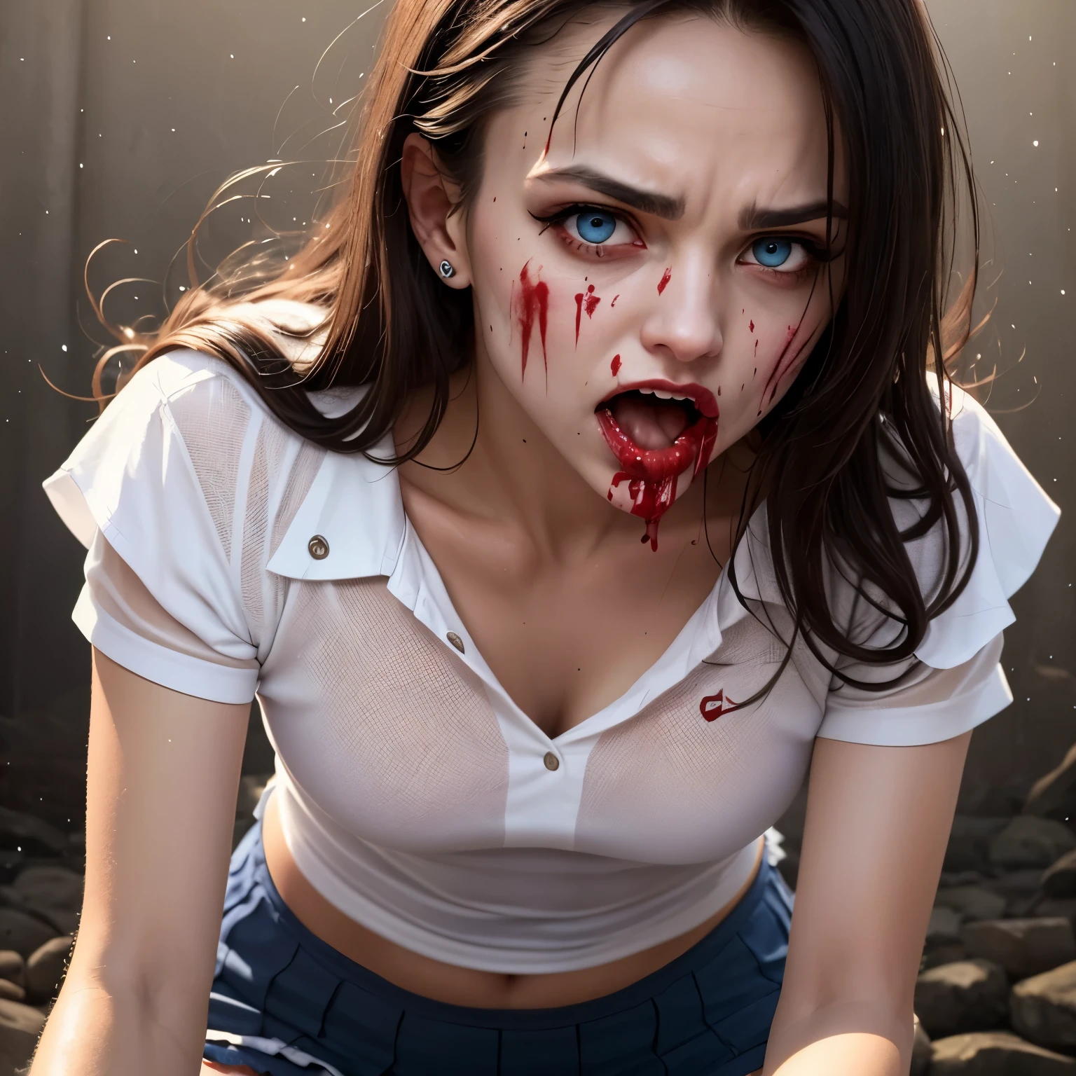 masterpiece, best quality, (undead Martina Hingis:1.3), elegant, 1 undead evil demoness, cute, blushed, looking at viewer, from above, (blood in open mouth:1.3), open panties under the mini skirt, white and black striped T-shirt, wet T-shirt, blue eyes, beautiful eyes, inferno in background, light particles, dramatic lighting, inferno, realistic, best quality, ultra-detailed, scenery, beautiful detailed eyes, detailed hair on the tiny breasts, demons, evil spirits