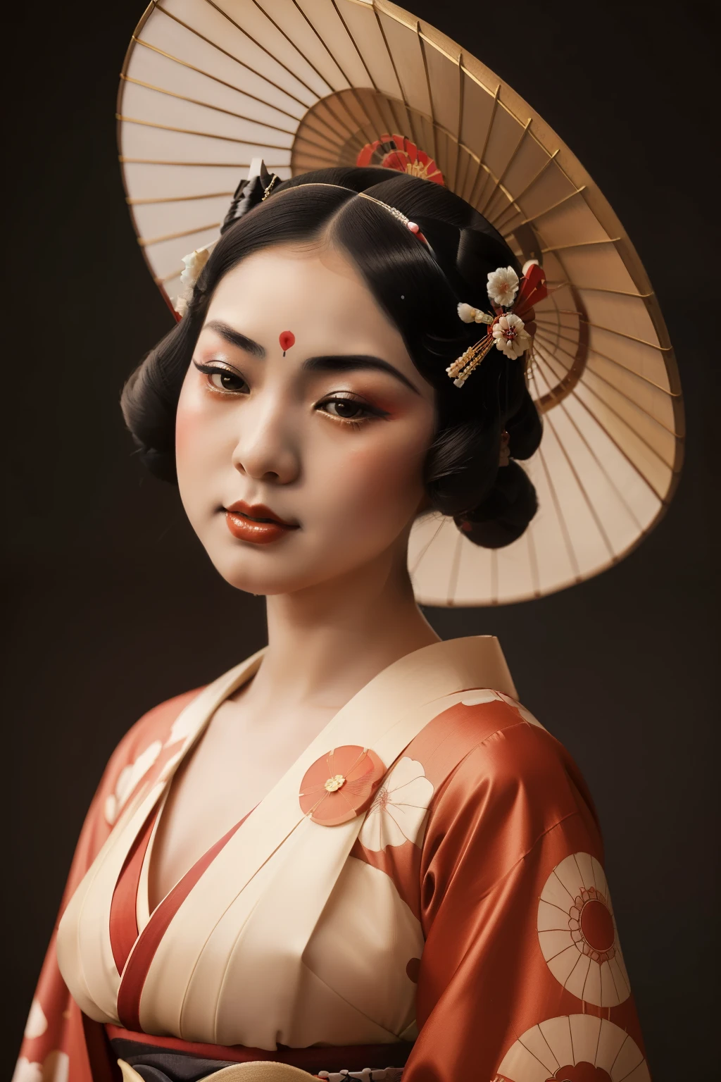 Japan, 1929. A young ((((25-year-old)) Hatsumono)), beautiful, cunning, voluptuous figure, full lips, sultry demeanor, ((((geisha clothings from the 1920s)))), ((geisha hairstyle of the 1920s)), color