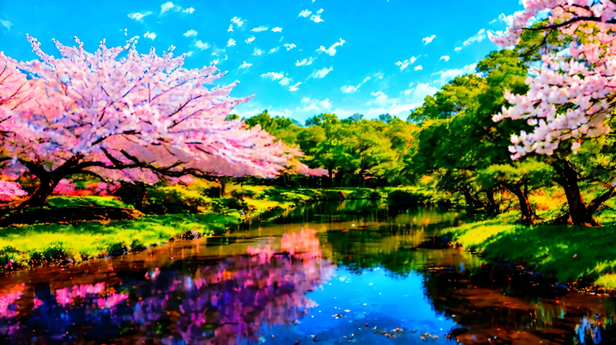 (best quality,4k,highres,ultra-detailed,masterpiece:1.2),vibrant cherry blossoms in full bloom in a park,soft breeze gently blowing,pink petals falling,tree covered in fresh green leaves,birds singing in the tranquil spring sunshine,colorful spring flowers blooming,peaceful atmosphere,serene and serene environment,lush green grass,clear blue sky,peaceful moments,stunning beauty of nature.