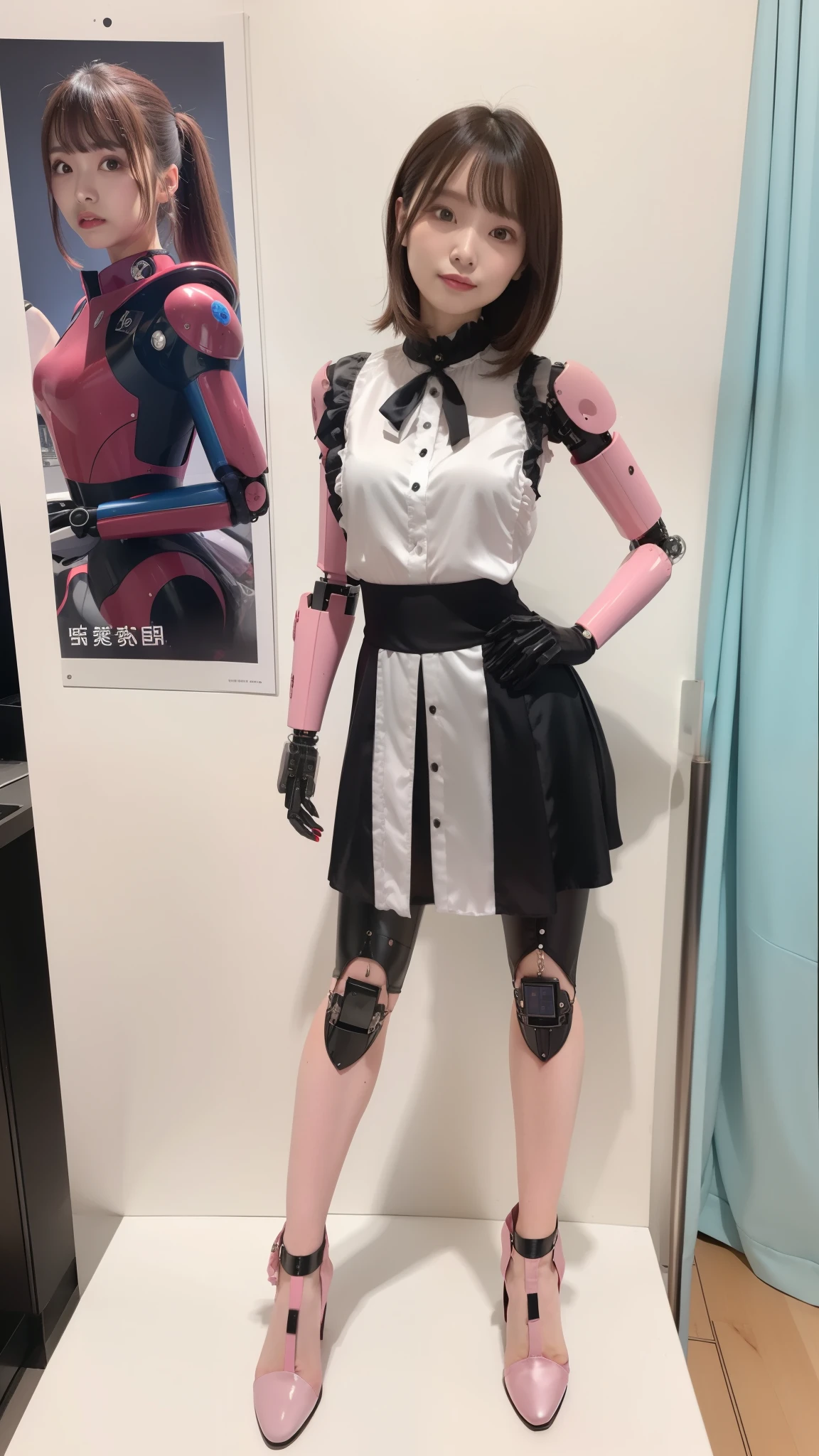 Sleeveless silver satin ruffled blouse, black skirt, robot