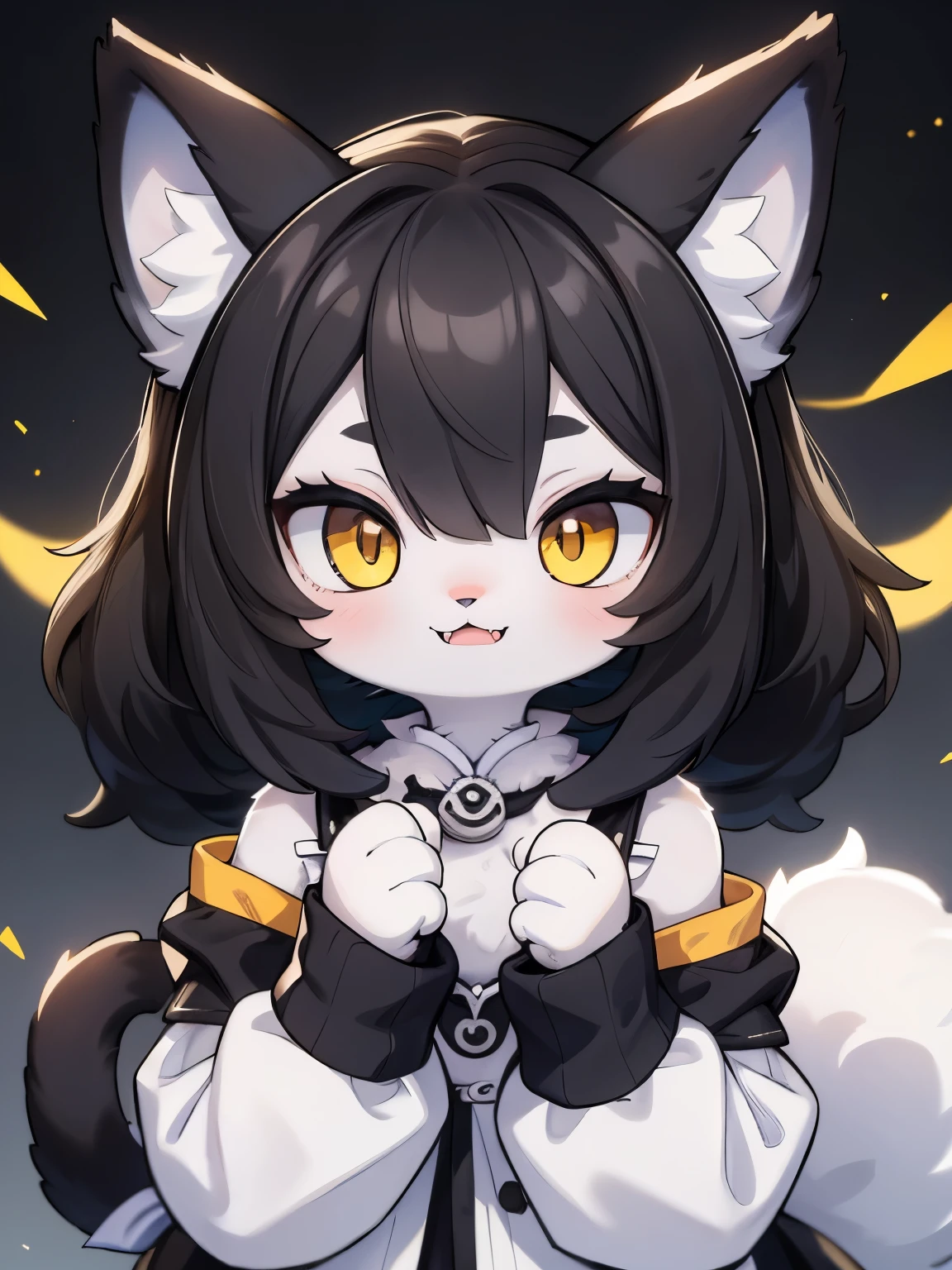 Furry girl cute cat, black and white body fur, black face, white chin, yellow eyes, white paws, big ears, sharp fangs, head hair shoulder length