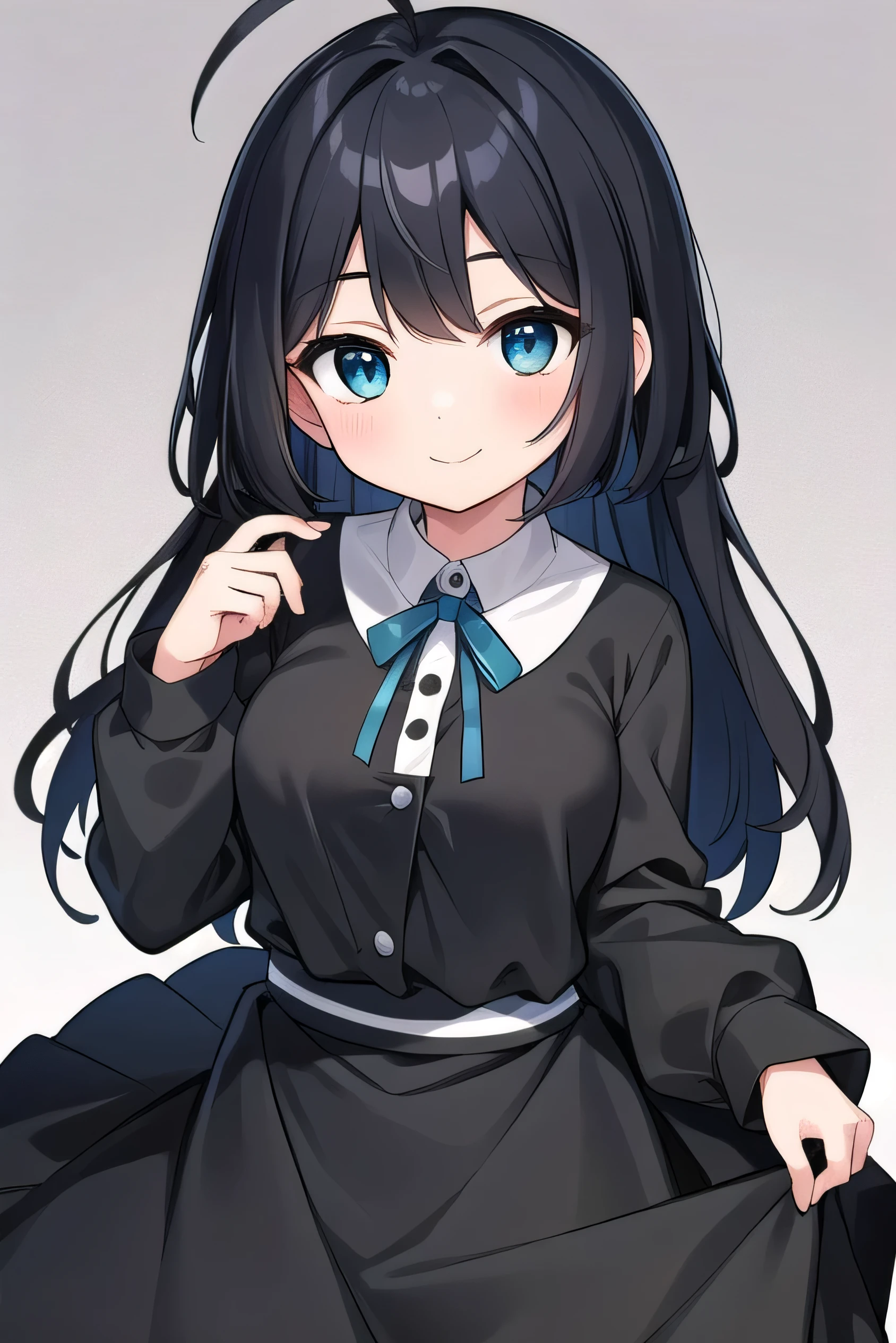 Junior high school student who looks like an elementary school student, 14 years old, very short, 140cm tall, black hair with a slight green tinge, short ahoge, beautiful long hair but with a little hair sticking out, beautiful round eyes, blue eyes, smile, boyish, long sleeves , thick clothes, skirt, big breasts, hair longer than waist, long hair, young face, dark greenish black hair, gentle smile, a little shy, skirt is black, hair is black but has a slight green tinge, boyish and gentle smile I have.
