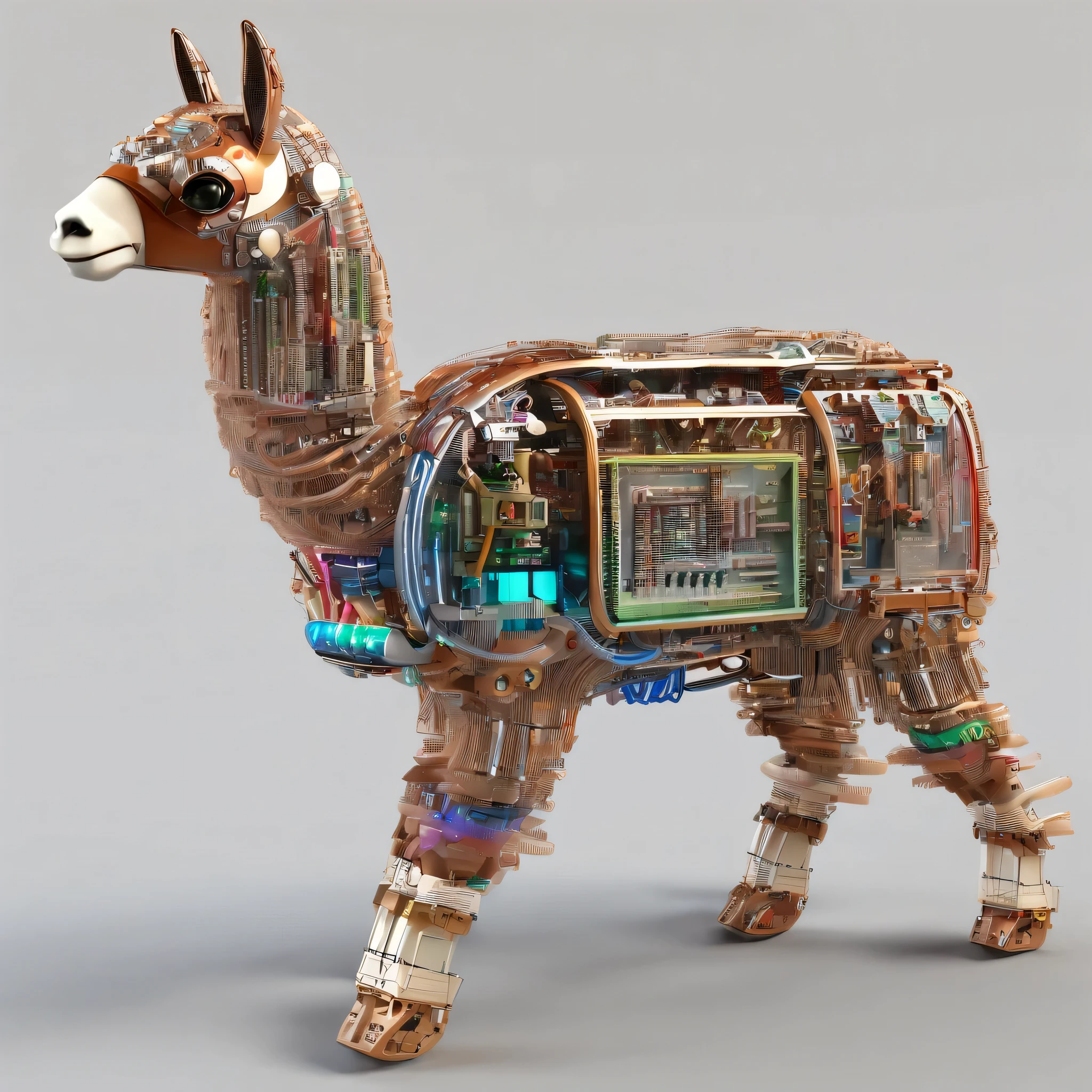one mechanical alpaca, bare framework, glowing circuit
