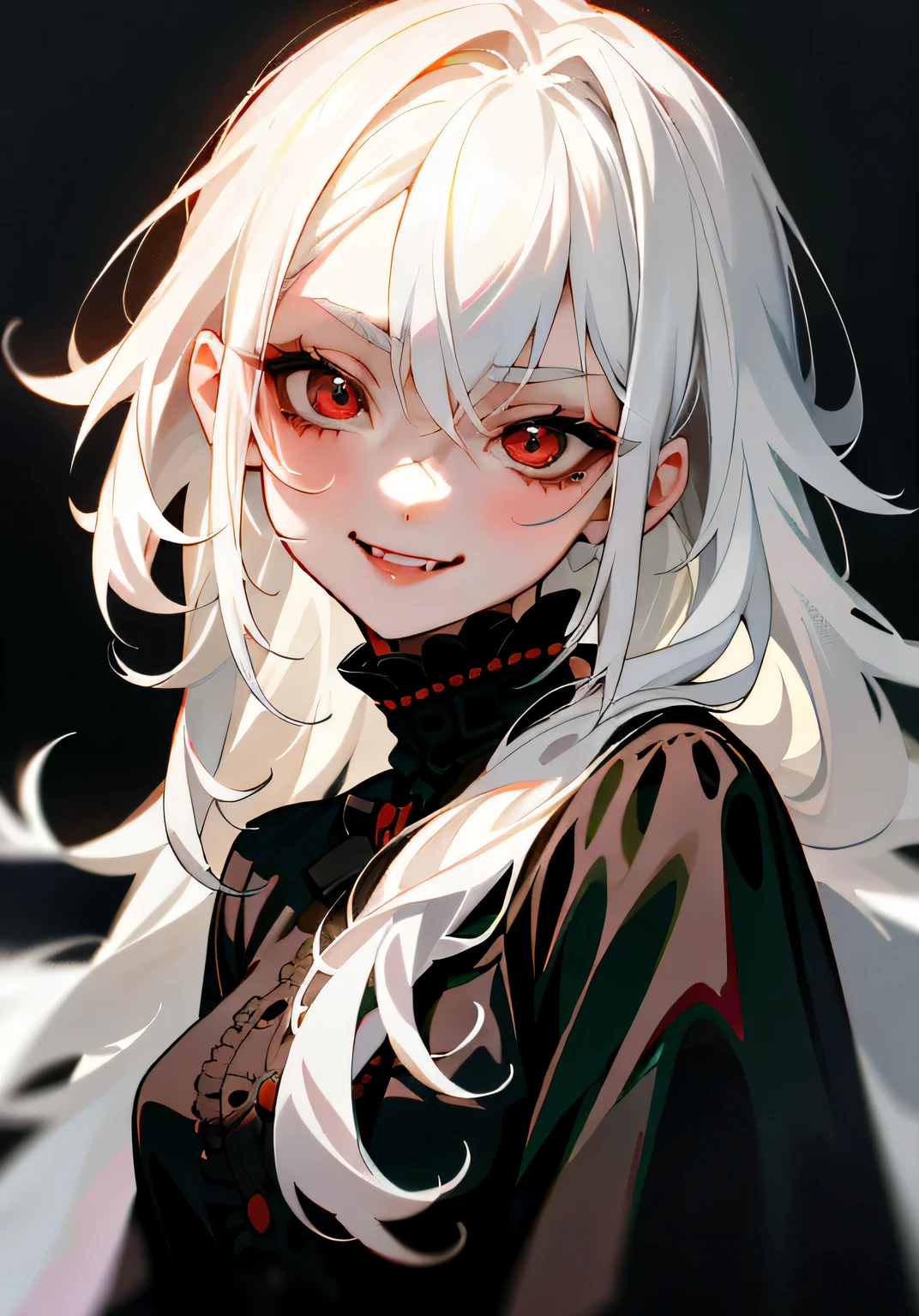 1GIRL, cute girl, finely detailed, (best quality), (intricate details), cute style, vampire style, ancient style, horror, ((long messy white hair)), best quality, ((vampire style clothes)), ((black clothes)), ((round eyes)), beautiful face, cute face, smile, pinup, perfect face, simple background portrait