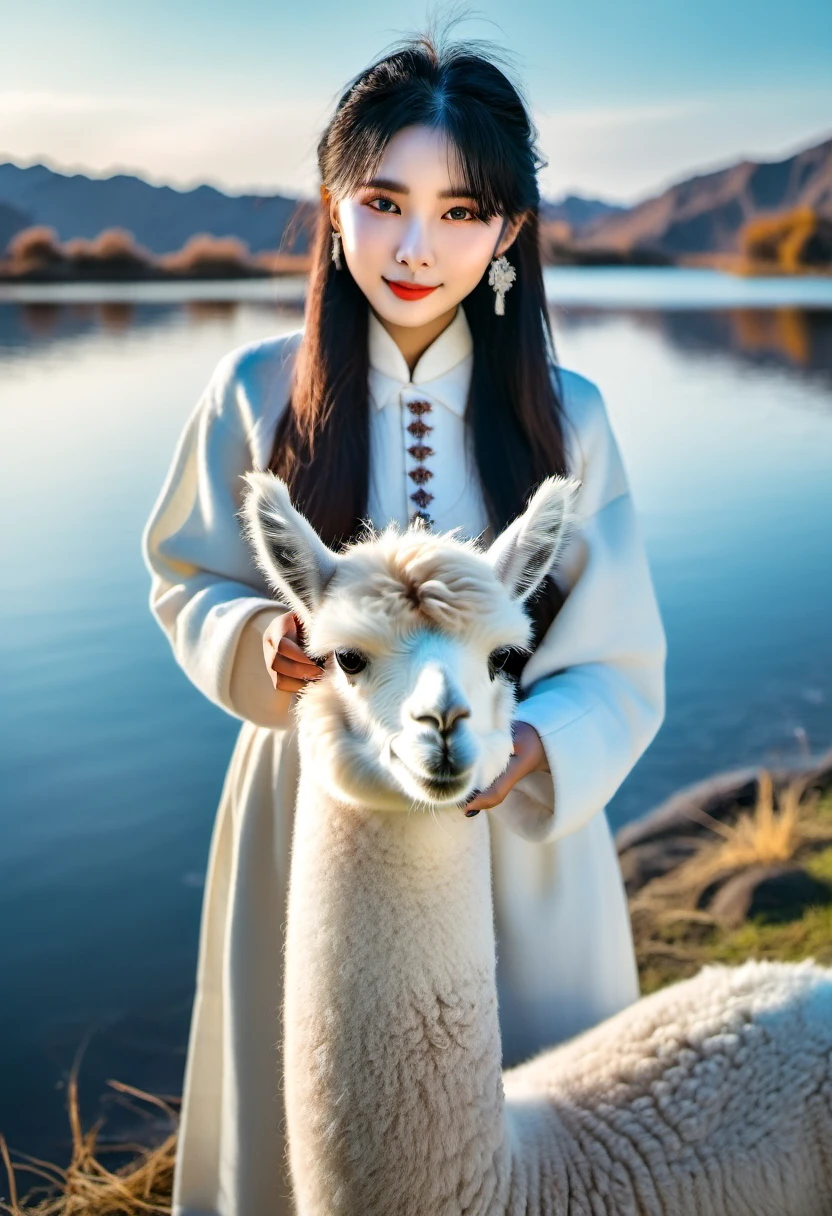 A girl give alpaca water from her hand near the lake, the sky very romantic and colorful. The girl only wear multi layered clothes in white. Her hair is black.