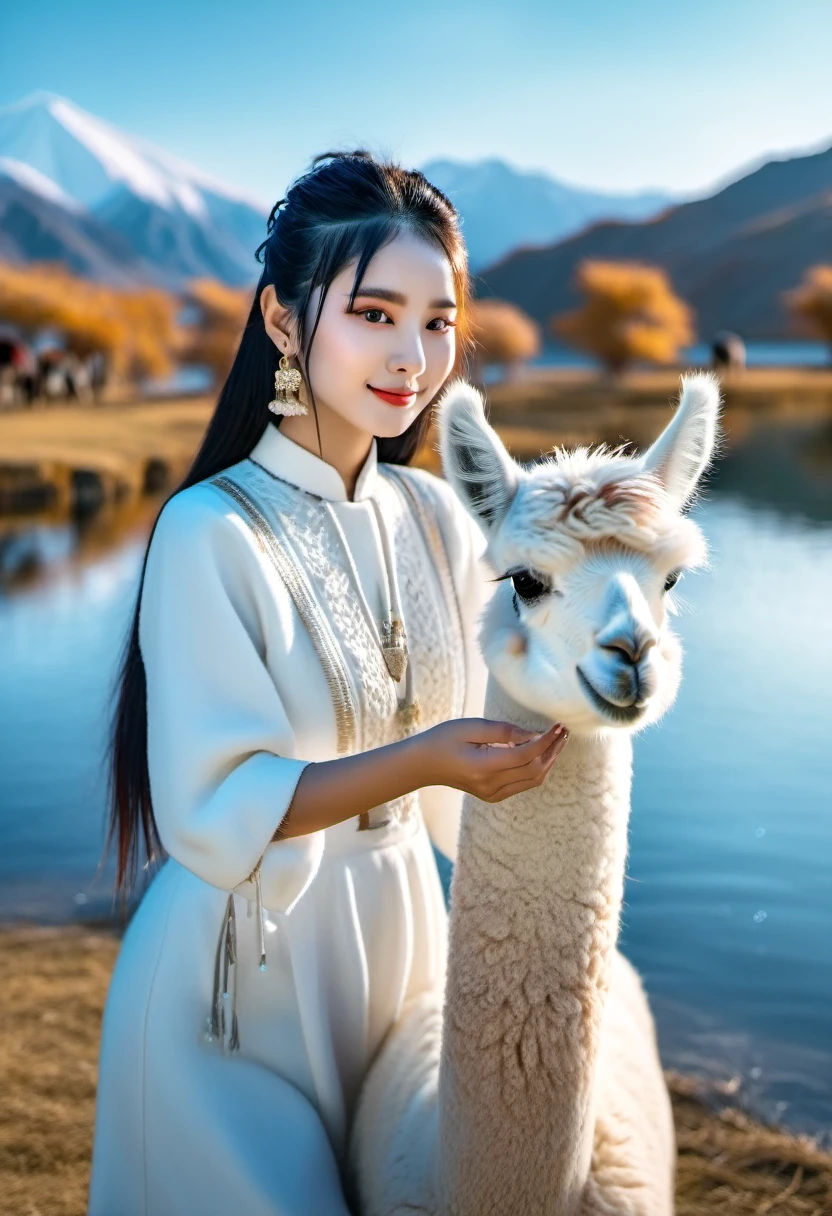 A girl give alpaca water from her hand near the lake, the sky very romantic and colorful. The girl only wear multi layered clothes in white. Her hair is black.