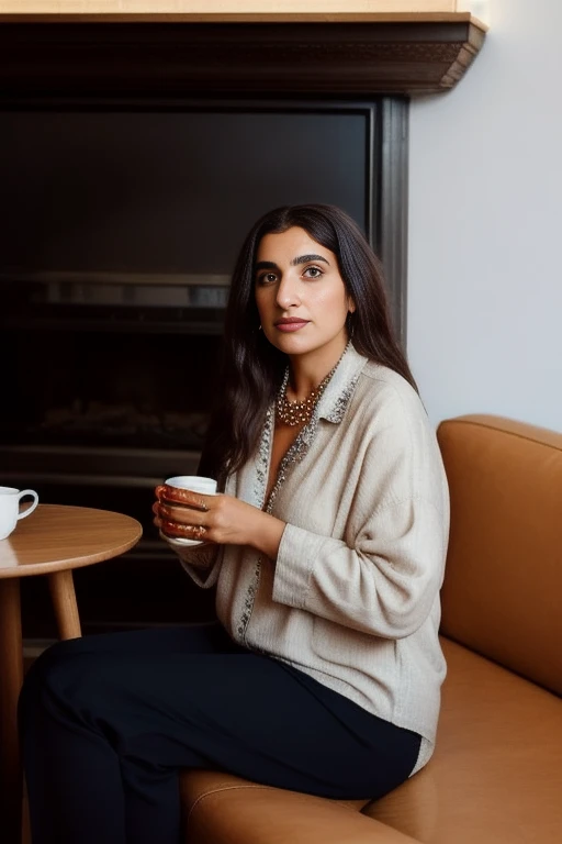 Woman sitting on sofa holding cup of coffee, By Myra Landau, inspired by Maryam Hashemi, author:Emma Andijewska, Portrait shoot, Inspired by Lucia Pekka, beautiful iranian woman, fair skinned persian girl, Inspired by Ayshia Tashkin, inspired by Marina Abramović, Mina Petrovich
