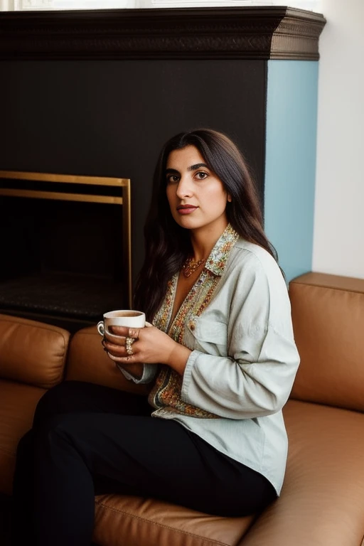 Woman sitting on sofa holding cup of coffee, By Myra Landau, inspired by Maryam Hashemi, author:Emma Andijewska, Portrait shoot, Inspired by Lucia Pekka, beautiful iranian woman, fair skinned persian girl, Inspired by Ayshia Tashkin, inspired by Marina Abramović, Mina Petrovich