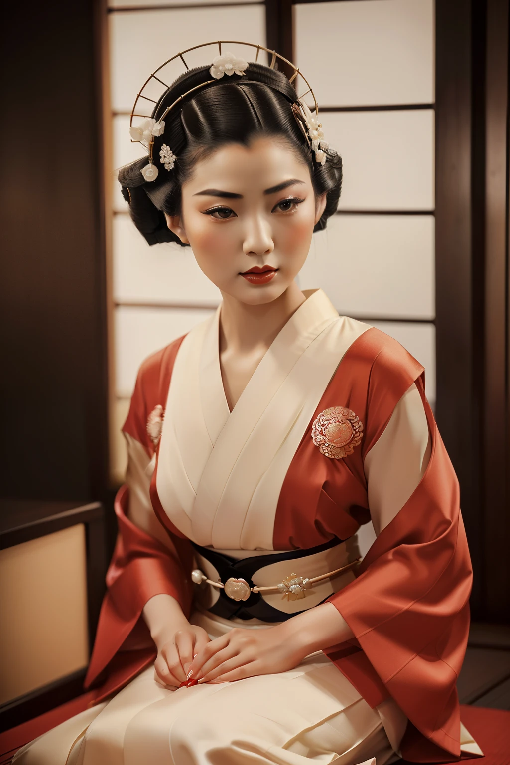 Japan, 1931. A young ((((24-year-old)) Mameha)), elegant, refined, graceful, intelligent, regal features, high cheekbones, serene, ((((geisha clothings from the 1930s)))), ((geisha hairstyle of the 1930s)), color