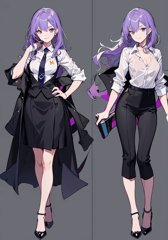 Purple Hair,Semi-long hair,1 female,Casino Dealer,bartender,suit,Black vest,Shirt with rolled up sleeves,tie,High heels,,Simple Background,smile,whole body,whole body,whole body,Portraits,virtual,upright,,Standing upright with face and body facing forward,