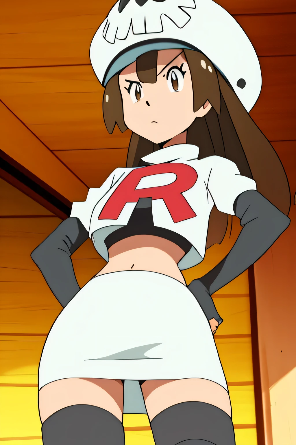 8k, masterpiece,highres,very large breast, team rocket uniform, red letter r, white skirt,white crop top,black thigh-high boots, black elbow gloves, glaring angrily, looking down at viewer, hands on hips, cowboy shot, zettai ryouiki,from below, black panties,anime style, vivid colors, sharp focus, intense lighting,ggmay,orange headwear, hat, skull and crossbones