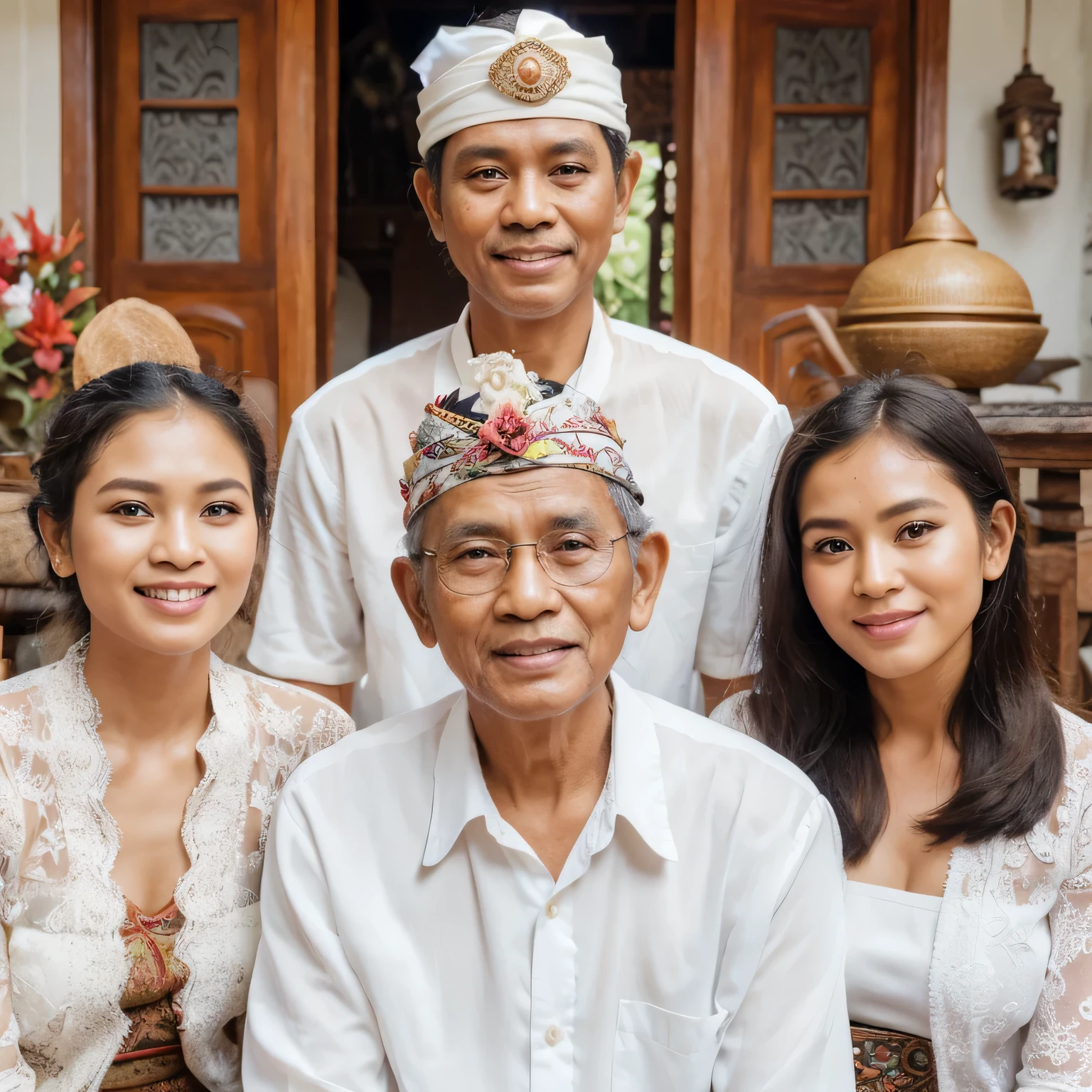 Masterpiece, perfect picture, Indonesian wrinkled old man wearing Javanese blangkon and beautiful Indonesian young woman, erotic couple, erotic expression, expression of enjoyment, old man hugging woman from behind, beautiful woman, beautiful eyes, sexy lips, perfect beauty, perfect body, body sexy, full body, big breasts, sexy sheer transparent, nude, necklace, earrings, flowers, in the old hut, Perfect photo shoot, cinematic
