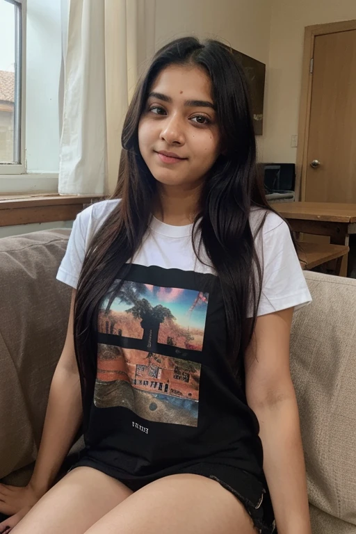 beautiful cute young attractive indian age girl, village girl, 18 years old, cute, Instagram model, long black_hair, and were tshirt colorful hair, warm, dacing, in home sit at sofa, indian