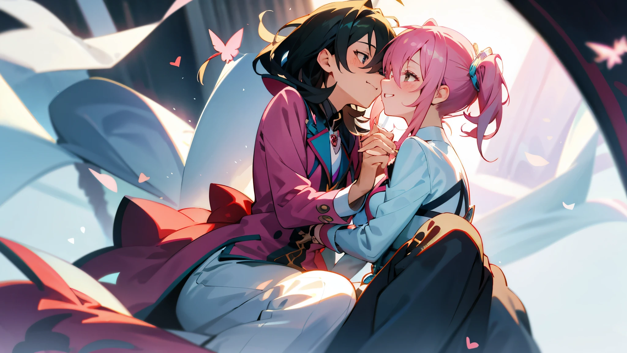 Anime woman, sitting next to a man, both of them sharing a joyful moment, hearts fluttering, giggles escaping their lips, hands lightly touching, enamored expressions, captivated gaze, love in the air, infatuation overflowing, pure bliss, cherished memories, deeply connected, soulmates united.