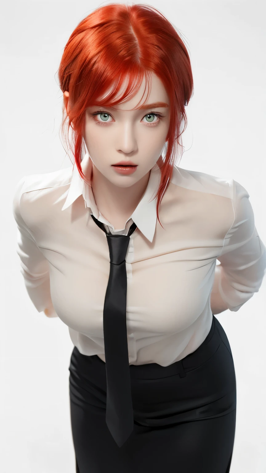 anime character with red hair and a tie standing in front of a white background, she has red hair, with red hair, (photorealistic), (masterpiece), yellow eyes