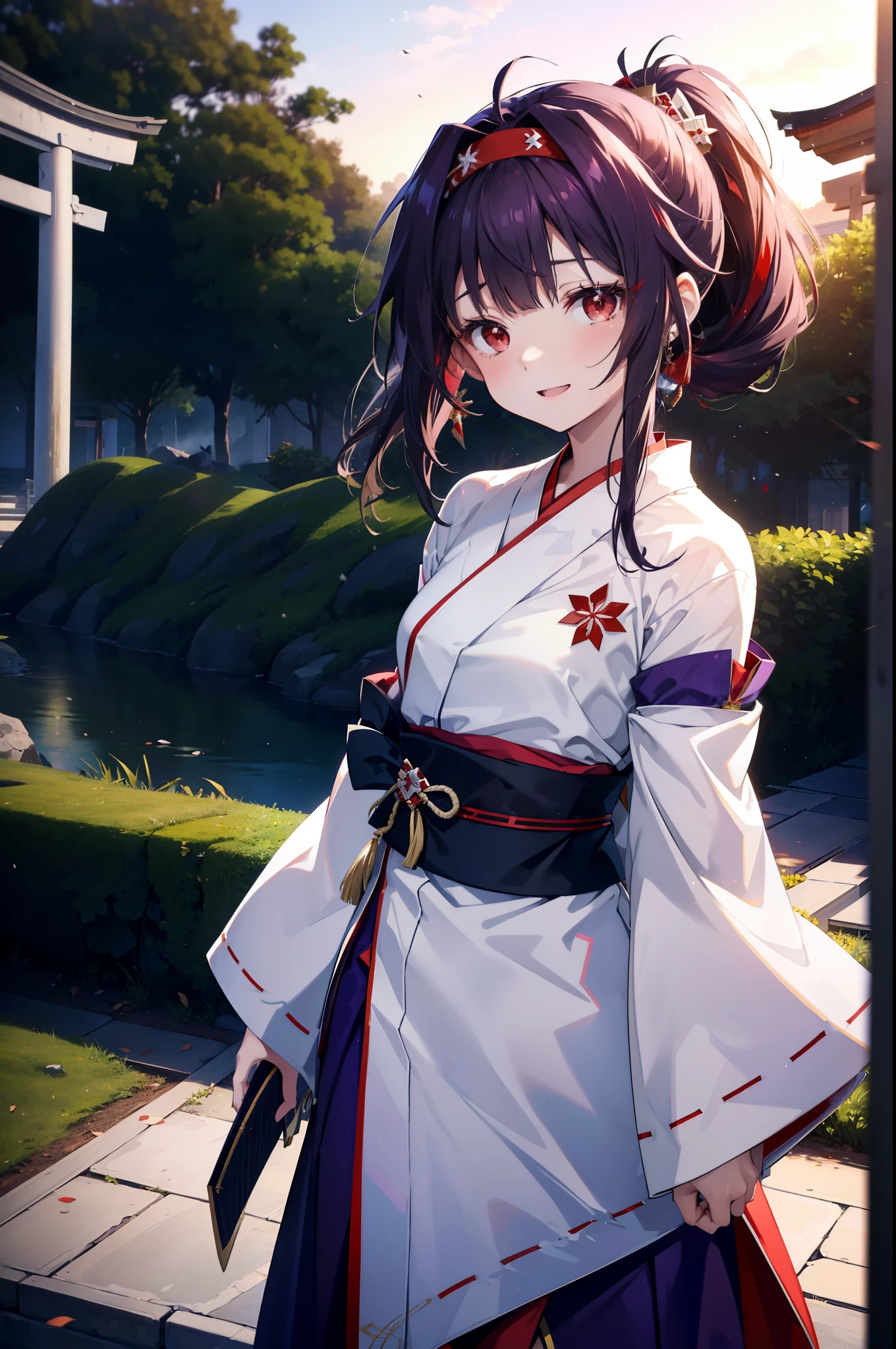 yuukikonno, Konno Yuuki, hair band, Long Hair, Pointed Ears, Purple Hair, (Red eyes:1.5), (Small breasts:1.2), Open your mouth,
happy smile, smile, Open your mouth,Platycodon grandiflorum,Miko, White Kimono,Purple Hakama Kimono, As with the skirt, Wide sleeves, Long sleeve, Thick sleeves,Ribbon-trimmed sleeves, とてもLong Hair, Blunt bangs, Low ponytail, evening,sunset,太陽が沈んでいるbreak outdoors, shrine,torii, break looking at viewer, (Cowboy Shot:1.5), break (masterpiece:1.2), highest quality, High resolution, unity 8k wallpaper, (figure:0.8), (Beautiful fine details:1.6), Highly detailed face, Perfect lighting, Highly detailed CG, (Perfect hands, Perfect Anatomy),