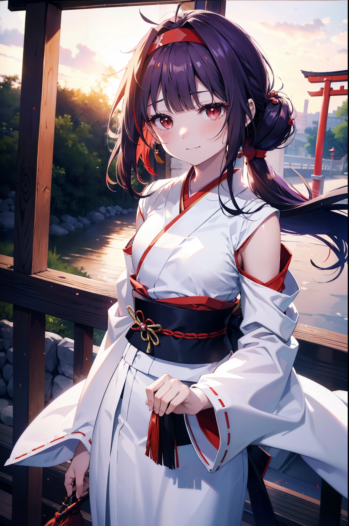yuukikonno, Konno Yuuki, hair band, Long Hair, Pointed Ears, Purple Hair, (Red eyes:1.5), (Small breasts:1.2), Open your mouth,
happy smile, smile, Open your mouth,Platycodon grandiflorum,Miko, White Kimono,Purple Hakama Kimono, As with the skirt, Wide sleeves, Long sleeve, Thick sleeves,Ribbon-trimmed sleeves, とてもLong Hair, Blunt bangs, Low ponytail, evening,sunset,太陽が沈んでいるbreak outdoors, shrine,torii, break looking at viewer, (Cowboy Shot:1.5), break (masterpiece:1.2), highest quality, High resolution, unity 8k wallpaper, (figure:0.8), (Beautiful fine details:1.6), Highly detailed face, Perfect lighting, Highly detailed CG, (Perfect hands, Perfect Anatomy),
