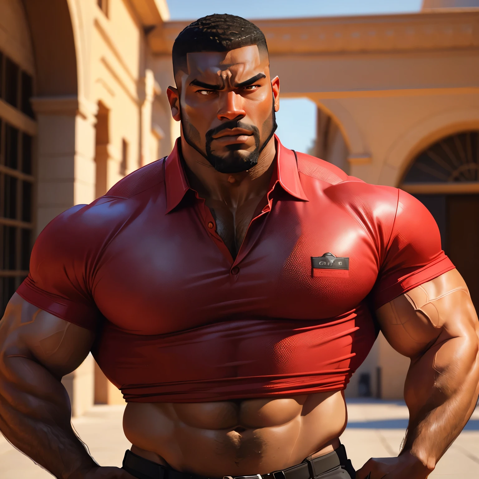 an exaggeratedly muscular and large bodyguard, beefy build, beard, dark-skinned african american male, buzzcut hair with square line, (stern expression: 1.2), (wearing crimson collared shirt: 1.2), (shirt showing midriff:1.1), school logo on shirt, (bara pecs: 1.3), (arm and chest hair: 1.1), close-up portrait HD, (cowboy angle), (university courtyard)