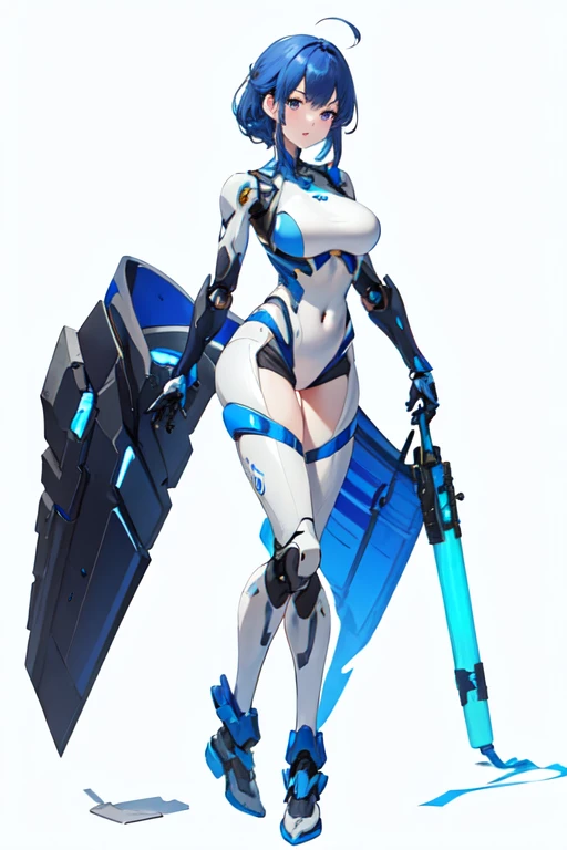 [(white background:1.5)::5], (bottle bottom:0.9), masterpiece,(full body:1.2),(masterpiece, ultra high res, 16k uhd, high quality),1girl robot suit, blue armor,blue hair, big breast
