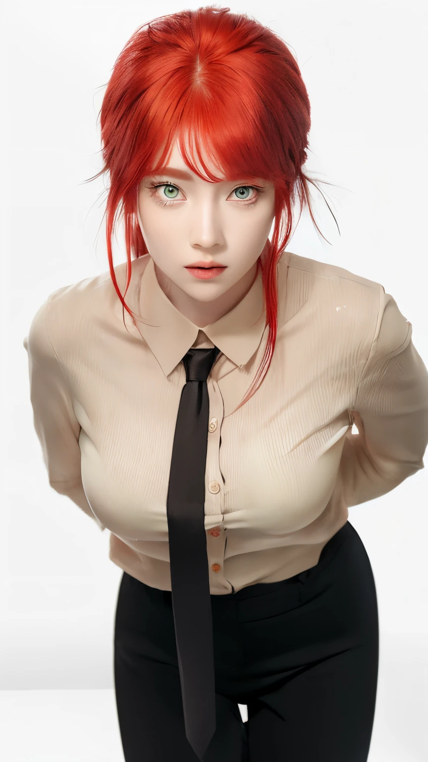 anime character with red hair and a tie standing in front of a white background, she has red hair, with red hair, (photorealistic), (masterpiece), yellow eyes