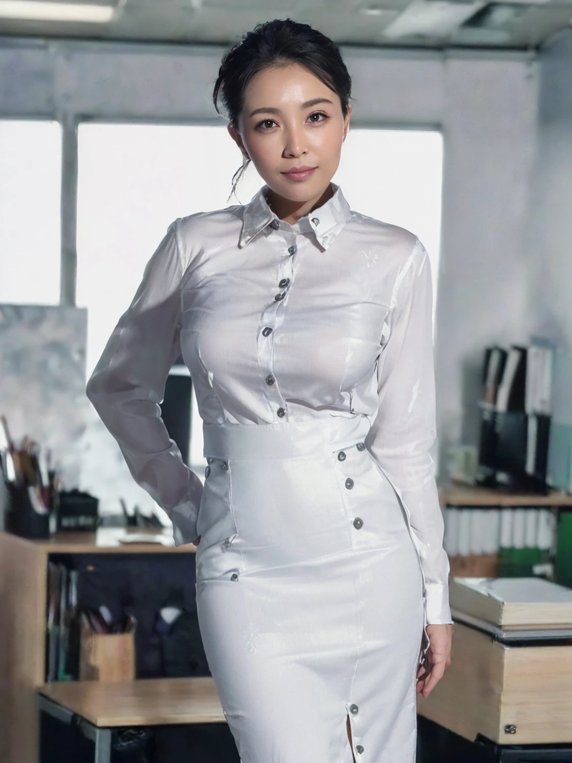 (8K,RAW Photos,highest quality,masterpiece:1.9),(Watching the audience:1.9)Erotic,Huge breasts,Very small waist,very thin legs,A dreamy look,(curby body:1.8),(Her white blouse is all buttoned up:1.8),(Black tight skirt:1.8),(The background is an empty office:1.8),(Beautiful mature woman in her late 40s:1.8)