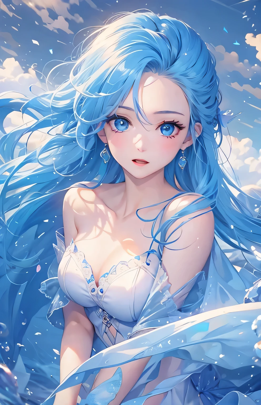 ((highest quality)), ((masterpiece)), (Get used to it), Perfect Face , Adult female , Ariel ,  Long and beautiful blue hair , Beautiful blue eyes , in the beautiful sea ,