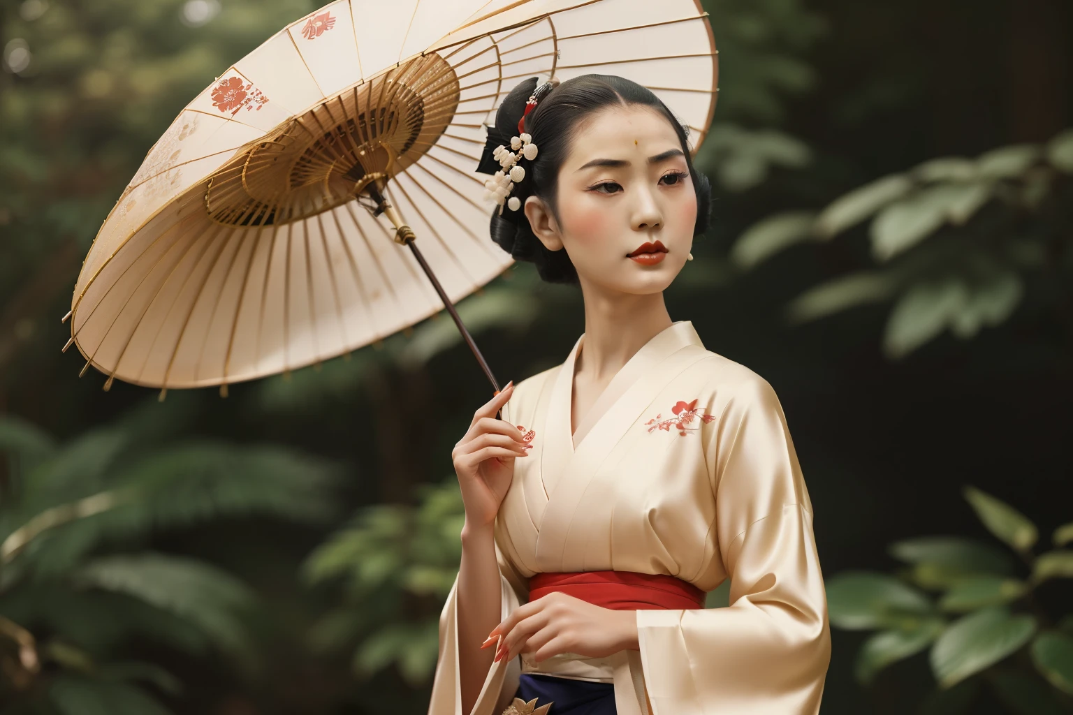 Japan, 1931. A young ((((24-year-old)) Mameha)), elegant, refined, graceful, intelligent, regal features, high cheekbones, serene, ((((geisha clothings from the 1930s)))), ((geisha hairstyle of the 1930s)), color