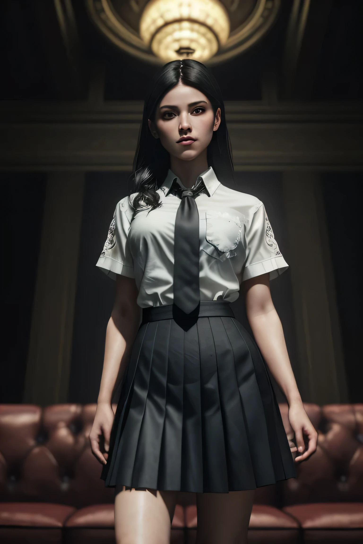 (masterpiece), (extremely intricate:1.3), (realistic), a girl, (dark fantasy, gore), (dynamic perspective), the most beautiful in the world, (kick viewers lightly), indoors, from below, shirt, tie, pleated skirt, smirk, couch, Aomori, Haifa, professional photograph of a stunning woman detailed, sharp focus, dramatic, award winning, cinematic lighting, octane render unreal engine, volumetrics dtx, (film grain, blurry background, blurry foreground, depth of field)