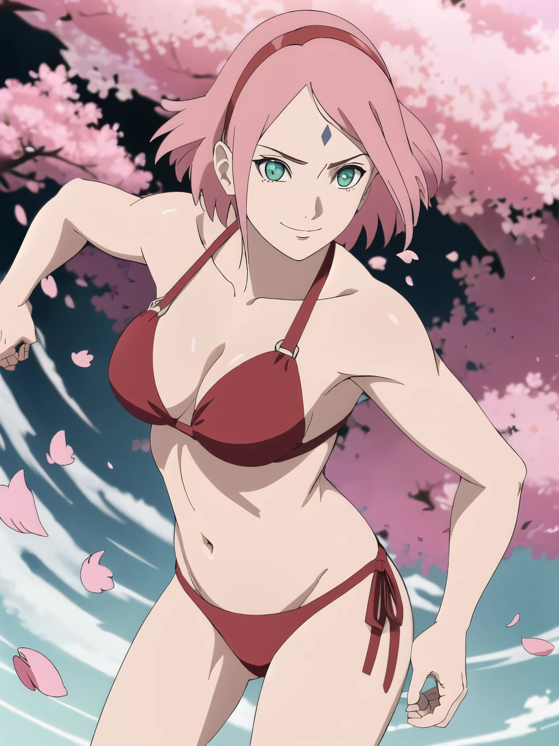 anime style, solo, 1 woman, super ultra details, bold drawing lines, very high resolution, perfect anatomy, ultra detailed face, high vibrance, (blue light), ((cold colors)), 1girl, haruno sakura, (slim body, thin belly, off-shoulders, biceps, leaning forward, pale skin, small breasts, forehead mark), ((red sling bikini, red hair band)), looking at viewer, (cherry blossom), floating hair, big smile, cowboy shot, (reddish pink hair, short hair), spring time, attractive colors