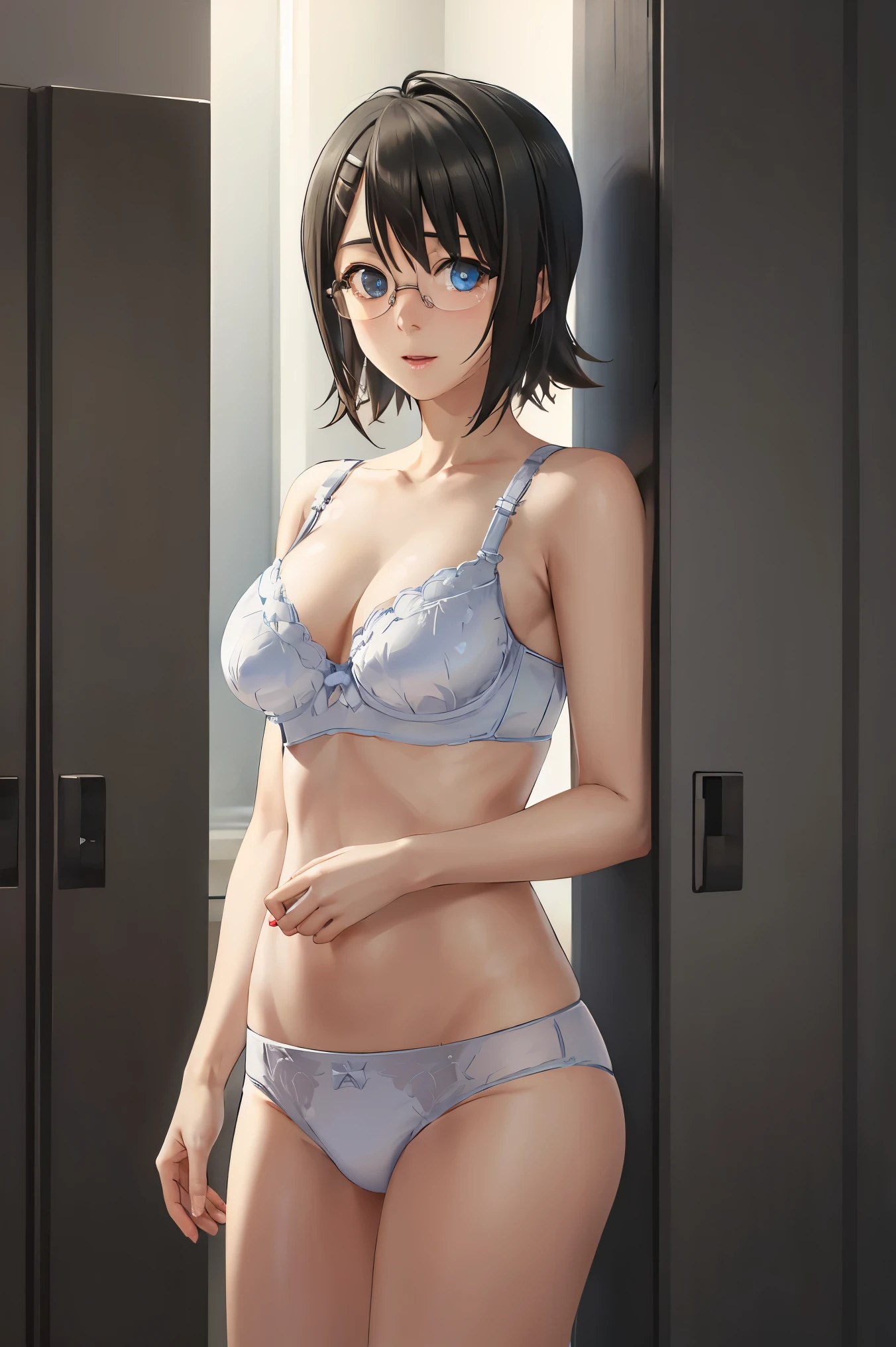 yorihime nao, glasses, hairclip,
BREAK ((underwear:1.5))
BREAK changing room, lockers,
BREAK facing viewer, standing,
BREAK (masterpiece:1.2), best quality, high resolution, unity 8k wallpaper, (illustration:0.8), (beautiful detailed eyes:1.6), extremely detailed face, perfect lighting, extremely detailed CG, (perfect hands, perfect anatomy),