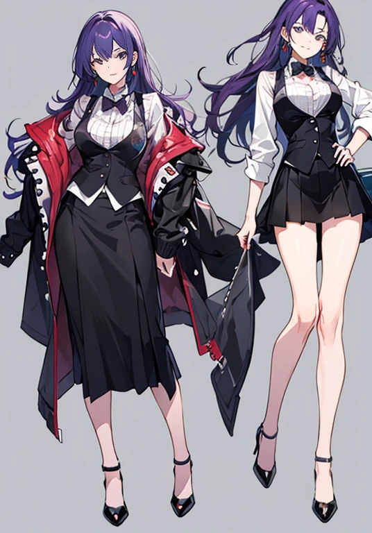 Purple Hair,Semi-long hair,1 female,Casino Dealer,bartender,suit,Black vest,Shirt with rolled up sleeves,tie,High heels,,Simple Background,smile,whole body,whole body,whole body,Portraits,virtual,upright,,Standing upright with face and body facing forward,