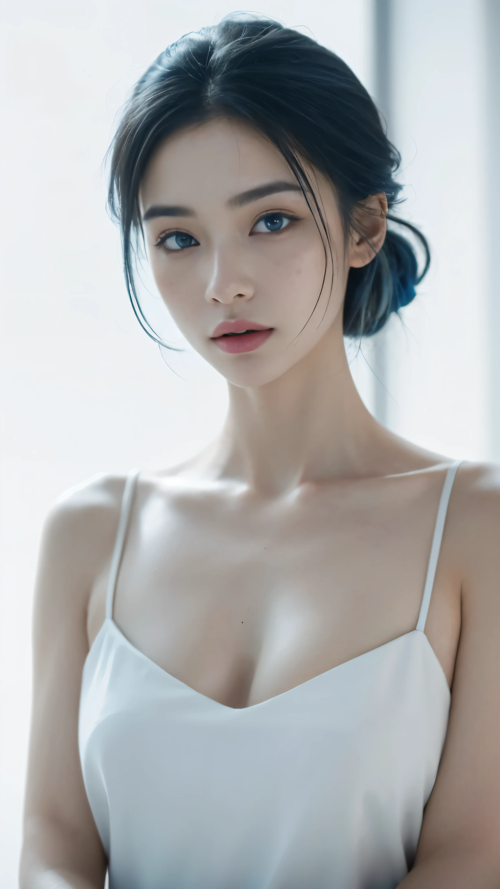 ((highest quality, 8k, masterpiece :1.3)), 1 girl, (Random Hairstyles :1.2), Gray Hair,sexy blue bikini :1.2, Highly detailed face, Beautiful Eyes, double eyelid,Spread your legs、Ocean、whole body