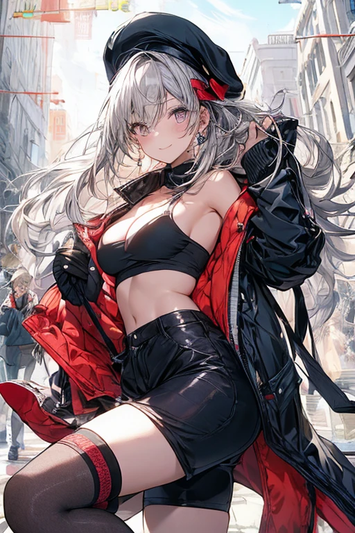 ubel,((ubel of Frieren: Beyond Journey's End )),dark green hair,long hair,side ponytail,hair between eyes,bangs, BREAK (beret, black jacket, open clothes, cleavage, midriff, black shorts, black thighhighs, thigh strap, fingerless gloves, single glove:1.2) , (dynamic angle:1.3, front view:1.1, breast focus:1.3, from below:1.2), (dynamic posing:1.5, sexy posing:1.2, leaning forward), (seductive smiling:1.3),(*K) HD, highest quality, WorKs of masters, High resolution, spread legs, panties shot,1 girl, small nose,(with sparkling eyes and a contagious smile), very beautiful detailed face and eyes, bright colors, cute face, delicate beautiful face, Bright magenta eyes, cute eyes, sparkling eyes, Big eyes, (big breasts:1.3), (perky chest:1.1), (pointed chest:1.0), medium hips, glamorous body, white skin, smile, thin pubric hair, shiny hair, super beautiful face, Super beautiful eyes, Super beautiful hair，trendy outfit，sexy and attractive，explosion of colors，big hairpin，full body esbian，illegal occupation, Real World, Natural light,perfect Natural light,looking at viewer,
