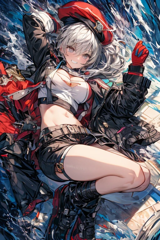 ubel,((ubel of Frieren: Beyond Journey's End )),dark green hair,long hair,side ponytail,hair between eyes,bangs, BREAK (beret, black jacket, open clothes, cleavage, midriff, black shorts, black thighhighs, thigh strap, fingerless gloves, single glove:1.2) , (dynamic angle:1.3, front view:1.1, breast focus:1.3, from below:1.2), (dynamic posing:1.5, sexy posing:1.2, leaning forward), (seductive smiling:1.3),(*K) HD, highest quality, WorKs of masters, High resolution, spread legs, panties shot,1 girl, small nose,(with sparkling eyes and a contagious smile), very beautiful detailed face and eyes, bright colors, cute face, delicate beautiful face, Bright magenta eyes, cute eyes, sparkling eyes, Big eyes, (big breasts:1.3), (perky chest:1.1), (pointed chest:1.0), medium hips, glamorous body, white skin, smile, thin pubric hair, shiny hair, super beautiful face, Super beautiful eyes, Super beautiful hair，trendy outfit，sexy and attractive，explosion of colors，big hairpin，full body esbian，illegal occupation, Real World, Natural light,perfect Natural light,looking at viewer,
