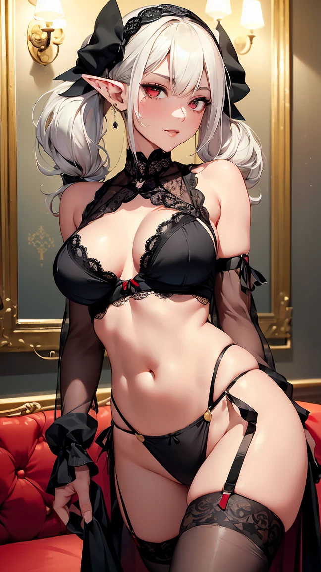 (8k, RAW photo, 最high quality, masterpiece:1.2), High-definition RAW color photo, Professional photo shoot, cinematic light, alone, full body shot, (((elf woman))), (detailed expression), (round eyes), (small face), (high detail skin:1.2), clavicle, cute face, beautiful appearance, long eyelashes, glossy lips, (beautiful chest line), dynamic angle, dynamic pose, (white hair, Twin tails in a high position:1.5, Hide one eye with bangs, bright red eyes), attractive , (slim body shape:1.4, A woman with a slender figure and big breastsailed face and skin texture, fine eyes, double eyelid, (((mischievous smile:1.5, sexy expression))), ((ing the front:1.2)), (elegant posture:1.5, photo shootのためポーズをとる, sexy pose, cowboy shot:1., (((goth bra, showing abs, black and red gothic bra, big tight panty:1.2, see through skirt ribbon, headdress, Lace fabric, high white stockings, See-through material was used))), luxury room, red sofa with decoration, soft light, ((baroque:1.1)), Are standing:1.2, beautiful skin, shiny skin, perfect fingers, five fingers, anatomically correct, background bokeh, high quality, surreal, bright colors, ((Nikon, 135㎜, f/1.8, very detailed, photo shoot)),