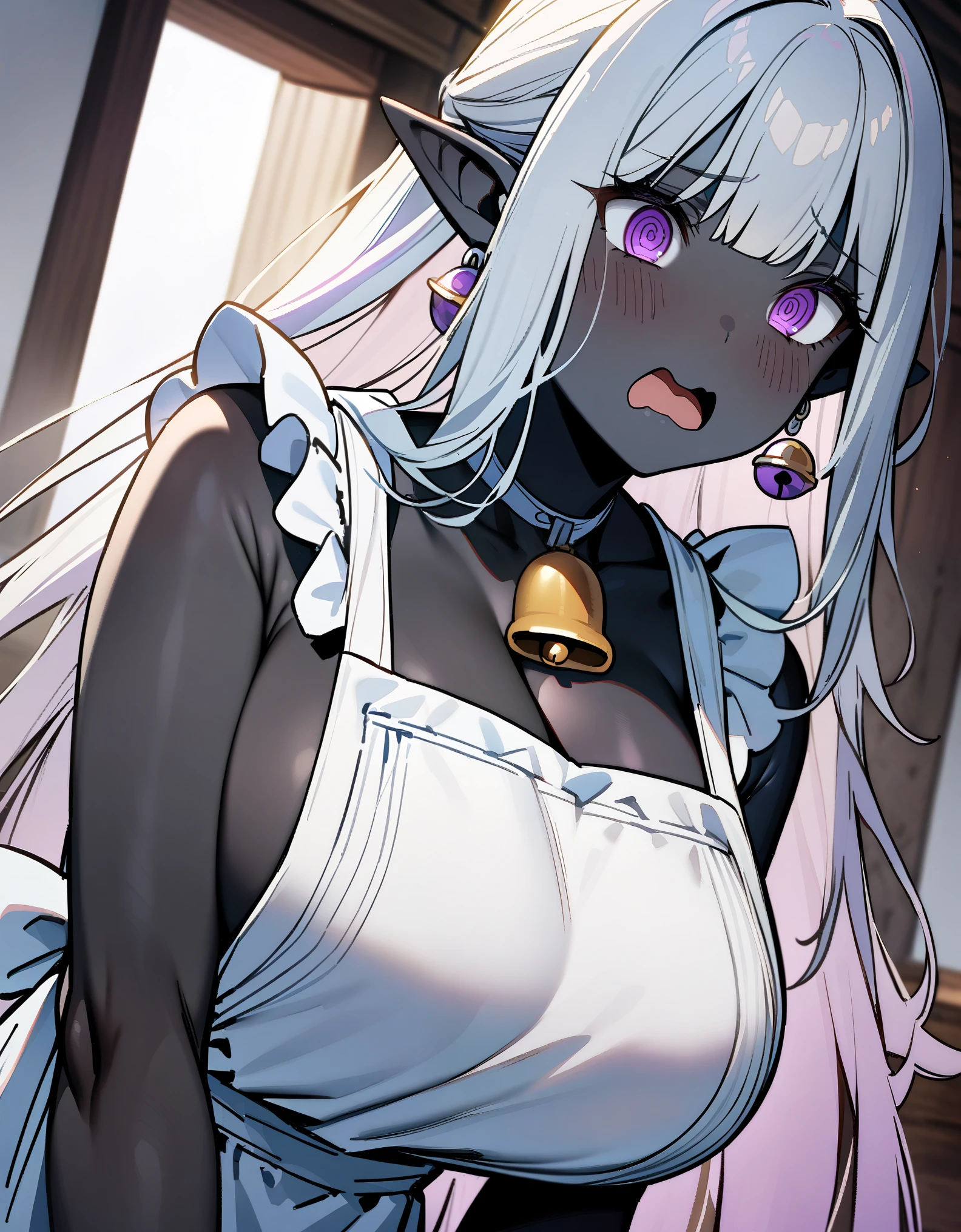 masterpiece, best quality, extremely detailed, 1girl, solo, (dark skin, black skin:2), FernFrieren, (huge breasts:1.4), ((((white hair), long hair, purple eyes, pointy ears))), purple lips, (((bell earrings, naked apron, frilled apron, white apron))), ((@_@, shy), open mouth, wavy mouth), ((indoor))