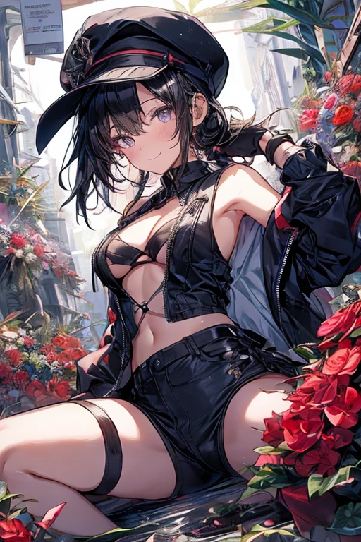 ubel,((ubel of Frieren: Beyond Journey's End )),dark green hair,long hair,side ponytail,hair between eyes,bangs, (beret, black jacket, open clothes, cleavage, midriff, black shorts, black thighhighs, thigh strap, fingerless gloves, single glove:1.2) , (dynamic angle:1.3, front view:1.1, breast focus:1.3, from below:1.2), (dynamic posing:1.5, sexy posing:1.2, leaning forward), (seductive smiling:1.3),(*K) HD, highest quality, WorKs of masters, High resolution, spread legs, panties shot,1 girl, small nose,(with sparkling eyes and a contagious smile), very beautiful detailed face and eyes, bright colors, cute face, delicate beautiful face, Bright magenta eyes, cute eyes, sparkling eyes, Big eyes, (big breasts:1.3), (perky chest:1.1), (pointed chest:1.0), medium hips, glamorous body, white skin, smile, thin pubric hair, shiny hair, super beautiful face, Super beautiful eyes, Super beautiful hair,trendy outfit,sexy and attractive,explosion of colors,big hairpin,full body esbian,illegal occupation, Real World, Natural light,perfect Natural light,looking at viewer,