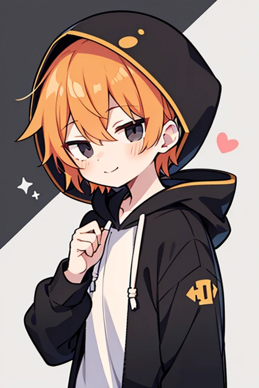 anime,manga,,((boy)),(1boy), solo, hood, black eyes, very short hair, long sleeves, bangs, hood up, white hoodie,looking at viewer, pastel orange hair, hair between eyes, puffy long sleeves, hoodie,drawstring, closed mouth, virtual youtuber, smile
