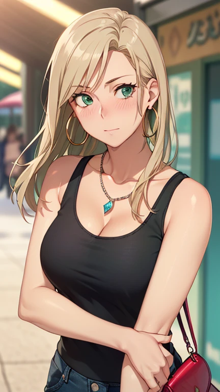 ((masterpiece, best quality, highres, UHD, RTX, perfect pixel, depth of field, 4k, extremely-detailed))), 1girl, single, solo, beautiful anime girl, beautiful artstyle, anime character, ((long hair, parted bangs, middle part hair bangs, dark blonde hair)), ((green eyes:1.4, rounded eyes, beautiful eyelashes, realistic eyes)), ((detailed face, blushing:1.2)), ((smooth texture:0.75, realistic texture:0.65, photorealistic:1.1, anime CG style, vibrant color)), ((medium breasts, cleavage, busty)), dynamic angle, perfect body, ((POV, dynamic pose, looking at viewer)), ((wearing tanktop, black tanktop, visible bra from inside the tanktop)), ((fashionable, single handbag, 1diamond necklace, hoop earrings)), cemberut, embrassed, amusement park, leaning forward