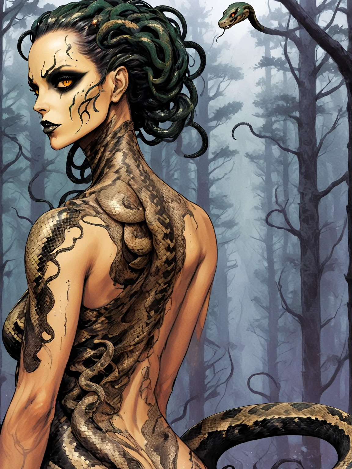 Medusa, splash page decompressed comic cover art, ink style figure, candid, snake skin dress, ((art style expressive Joelle Jones and "Sean Gordon Murphy" comic drawing)), cinematic poster double exposure, optical illusion, image within image, abyss void black no visibility darkness, full body portrait, (background, pine barrens, entropy, rewilding, magic hour sunset with galaxy stars, cosmos), (horror, abstract, surreal, body, cosmic), body drawn in Frederic Delavier musculature anatomical illustration art style, (face, ornate black metal corpse paint, resembles Grace Jones), (body, Naga, snakefolk, lower body snake tail, snake woman hybrid, bald, hairless, skeleton, snake skin tattoos, piercing eyes, snake pupils, over the shoulder), (colors, merge bleak muted deep fiery radiant glowing ROYGBIV, forest green to earth brown), craftsmanship nuance, (art style Gerardo Zaffino charcoal), subliminal orchids, nyctophobia, (wordless, single image), silhouette