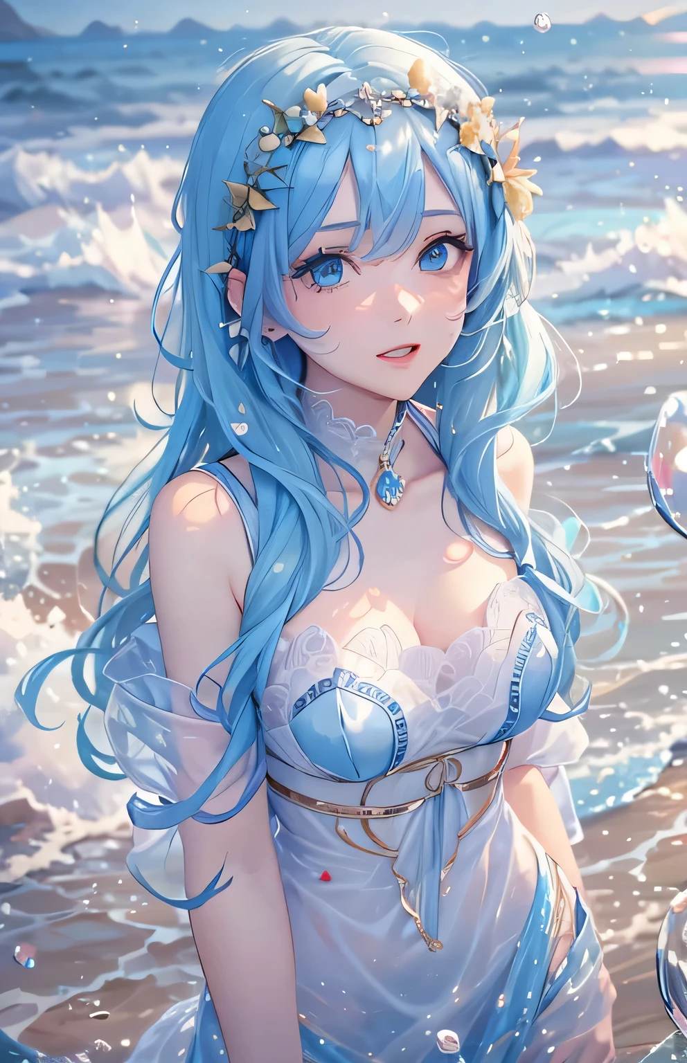 ((highest quality)), ((masterpiece)), (Get used to it), Perfect Face , Adult female , Ariel , Long and beautiful blue hair , Beautiful blue eyes , in the beautiful sea ,
