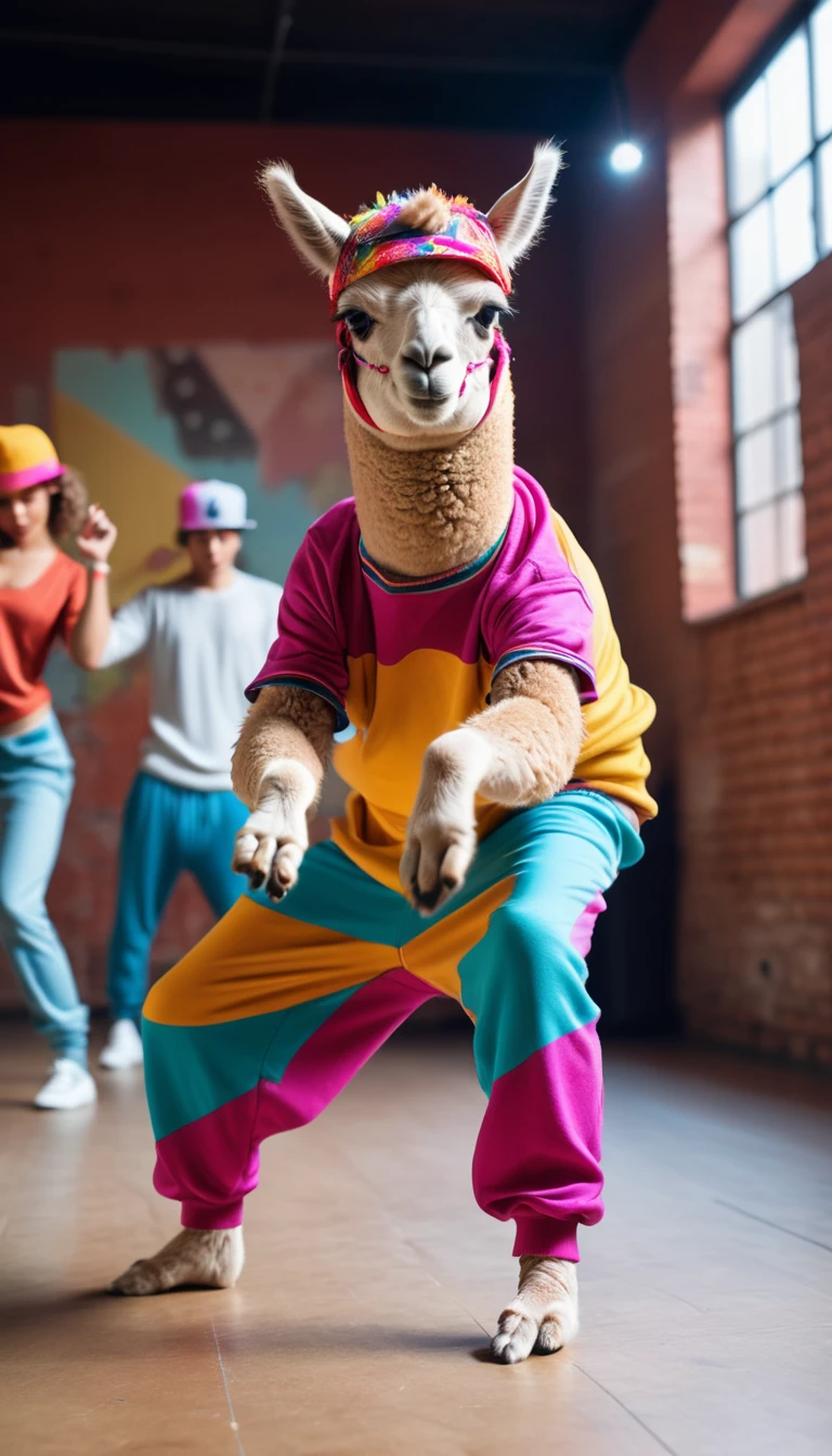 realistic photo, anamorphic alpaca, breakdancing alpaca, strange dancing pose on head, crazy breakdancing pose, wearing loose colorful dance clothes, raw photo, shallow depth of field, Immersive background