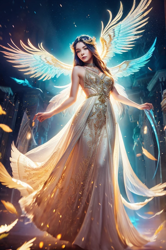 Masterpiece, digital art, A beautiful female seraphim with spread wings, intricately designed and highly detailed feathers, radiant halos, ethereal glow, shimmering light trails, hyperrealistic textures, soft light illumination, captivating expressions, flowing robes, 1.5:1 aspect ratio, ultra-high definition, vibrant color palette, lifelike renderings, cinematic depth, thoughtfullycrafted composition.