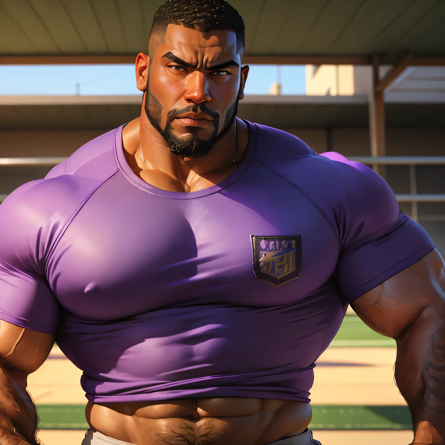 an exaggeratedly muscular and large bodyguard, beefy build, beard, dark-skinned african american male, buzzcut hair with square line, (stern expression: 1.2), (wearing purple raglan shirt: 1.2), (shirt showing midriff:1.1), school logo on shirt, (bara pecs: 1.3), (arm and chest hair: 1.1), close-up portrait HD, (cowboy angle), (sports field)