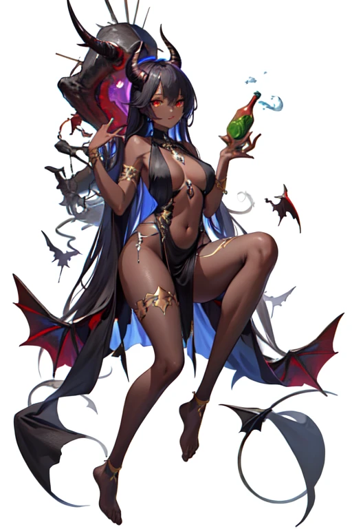 [(white background:1.5)::5], (bottle bottom:0.9), masterpiece,(full body:1.2),(masterpiece, ultra high res, 16k uhd, high quality),1girl demon,dark skin,,horn hybird creature